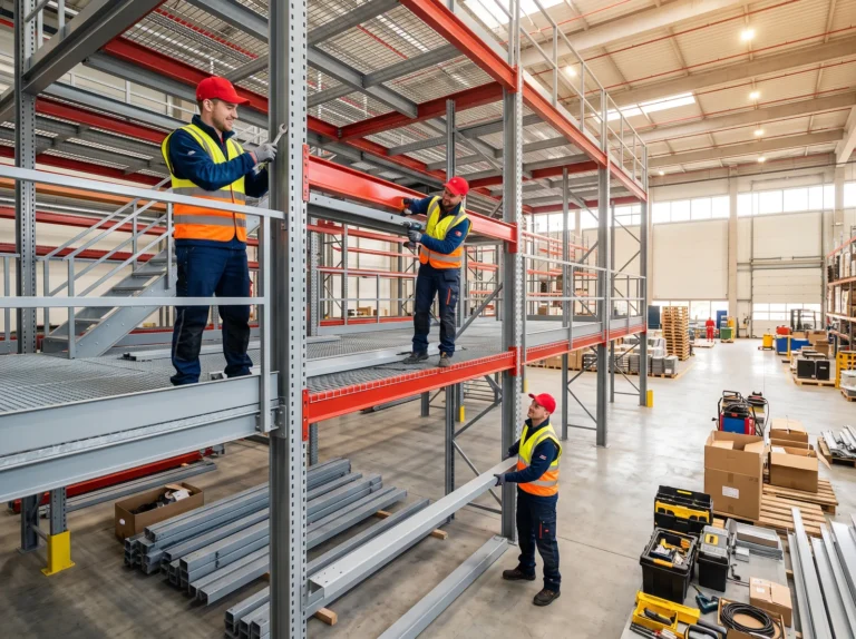 Ekipa montażowa składa konstrukcję regałową w hali produkcyjnej