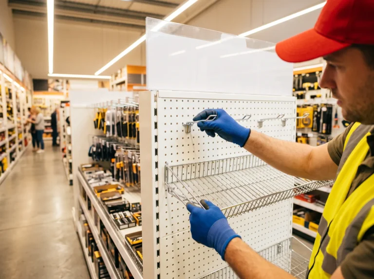 Montaż półek i haków ekspozycyjnych w markecie budowlanym